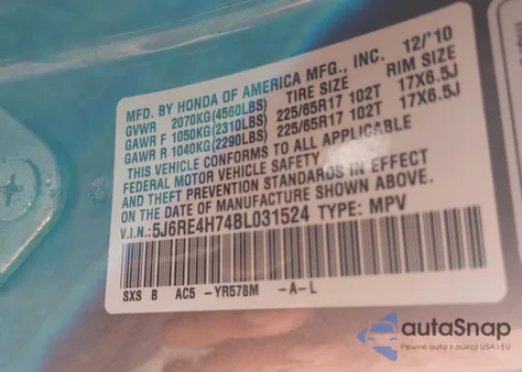 2011 Honda Cr-V Ex-L from USA, damaged, VIN 5J6RE4H74BL031524